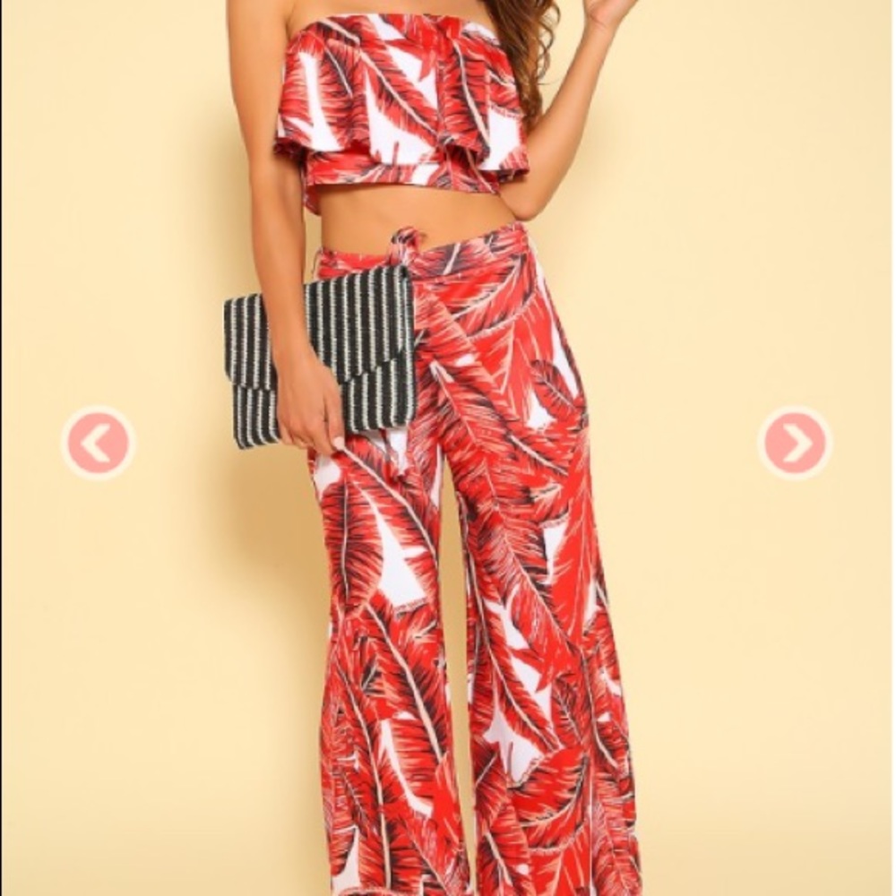 Red strapless ruffle layer two piece outfit